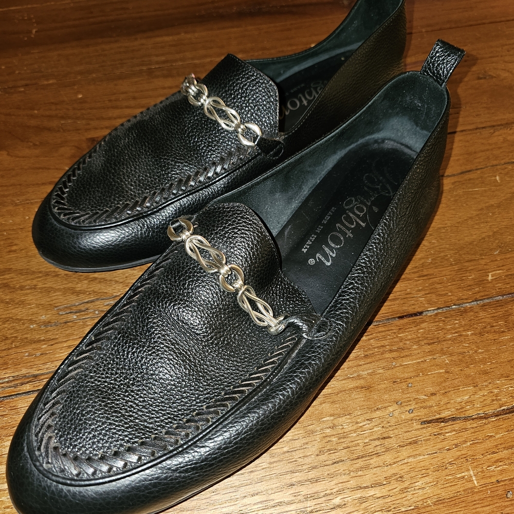 Brighton Black Leather Flats with Silver Chain